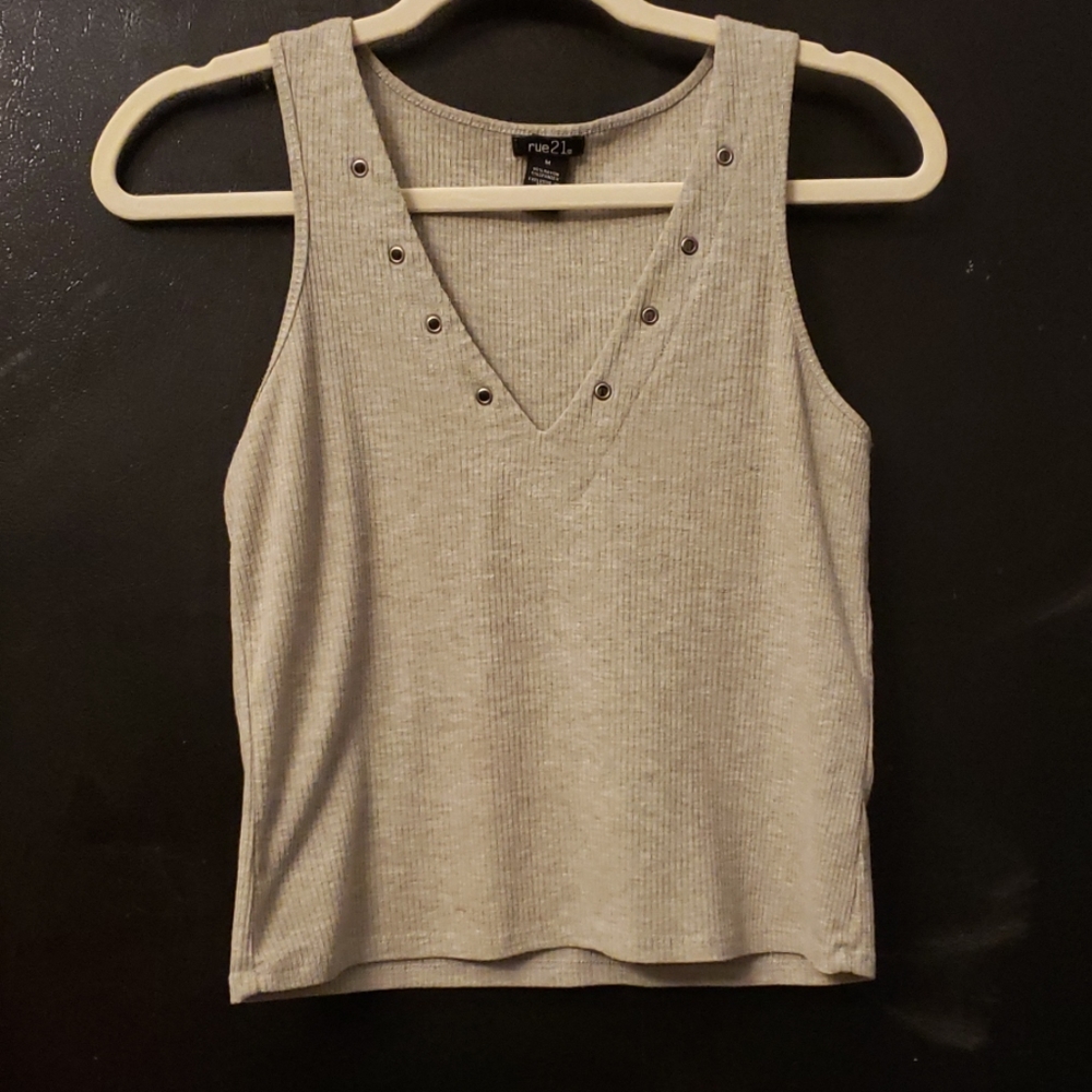 Ribbed Grey Sleeveless Shirt with Grommets
